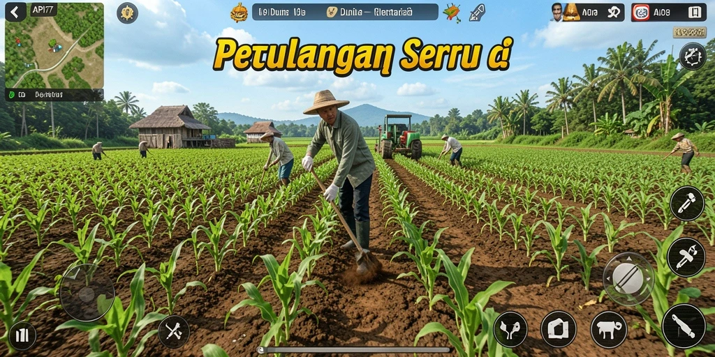 Tangkapan layar gameplay API77 yang menampilkan aktivitas bertani yang seru.