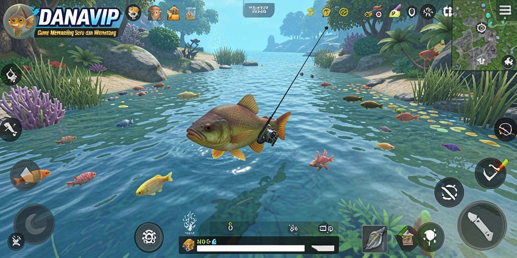 Tampilan gameplay <strong>DANAVIP</strong> dengan berbagai lokasi memancing yang menakjubkan.
