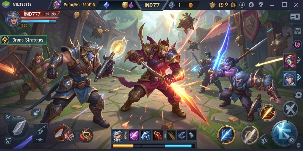 Screenshot utama IND777 menampilkan aksi seru dalam pertarungan MOBA.