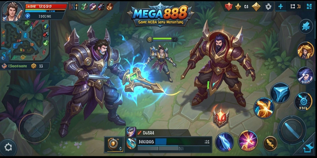 Screenshot gameplay MOBA MEGA888 yang penuh aksi dan strategi.