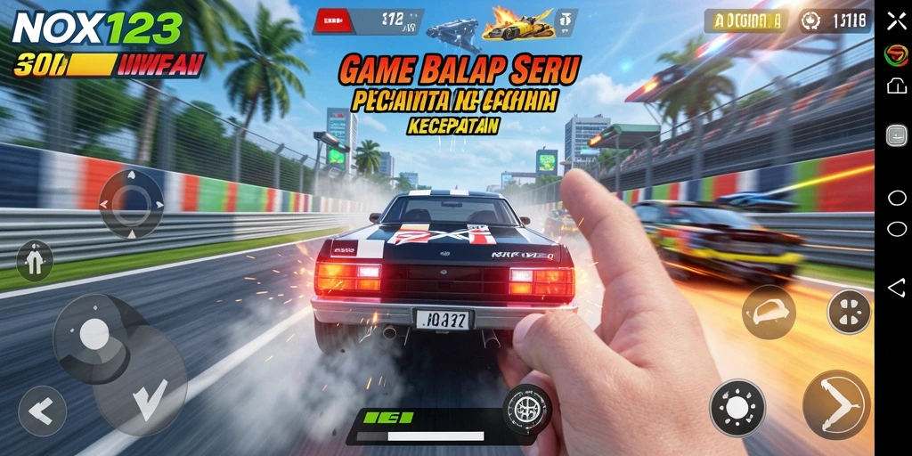 Screenshot gameplay NOX123 yang menampilkan balapan mendebarkan.