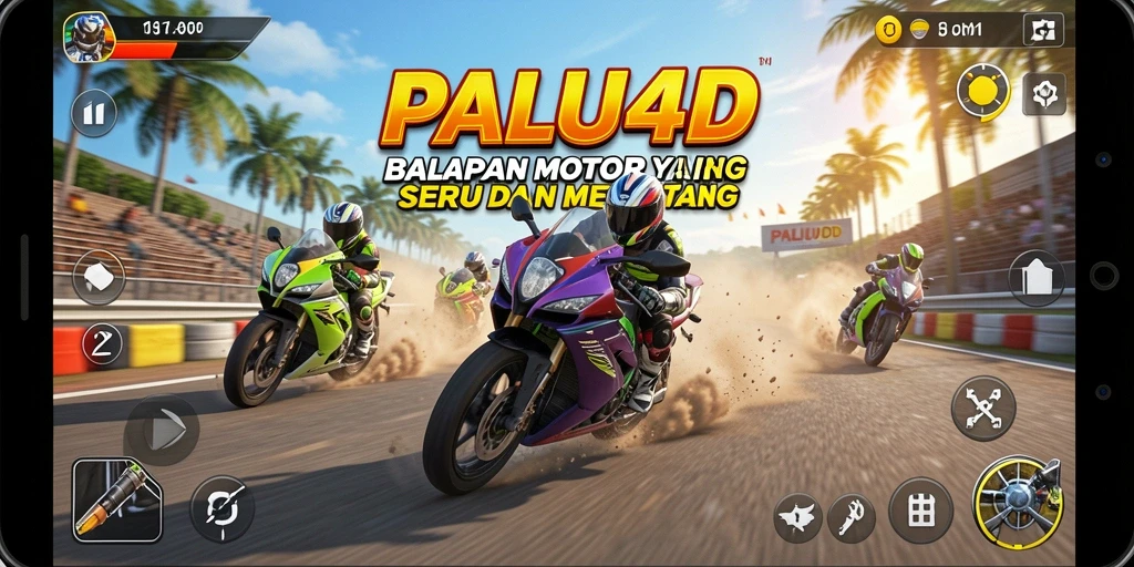 Gameplay PALU4D menampilkan aksi balapan motor yang seru dan mendebarkan.