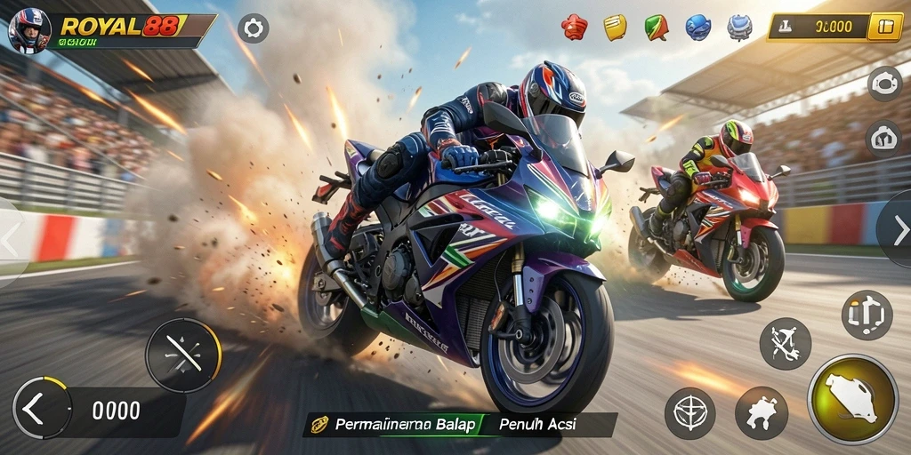 Tampilan gameplay mendebarkan dari ROYAL88 yang penuh aksi balap motor.