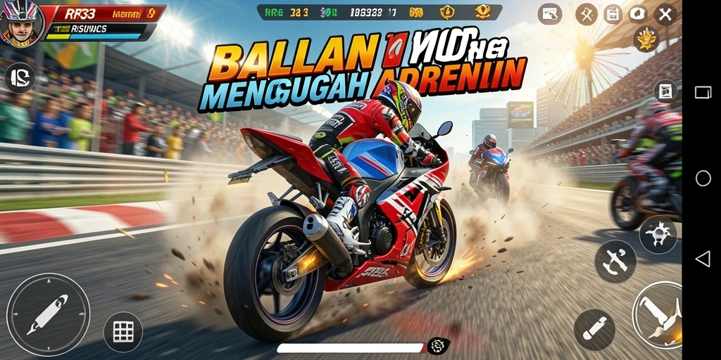 Tampilan gameplay RR33 yang menggugah semangat balapan motor.